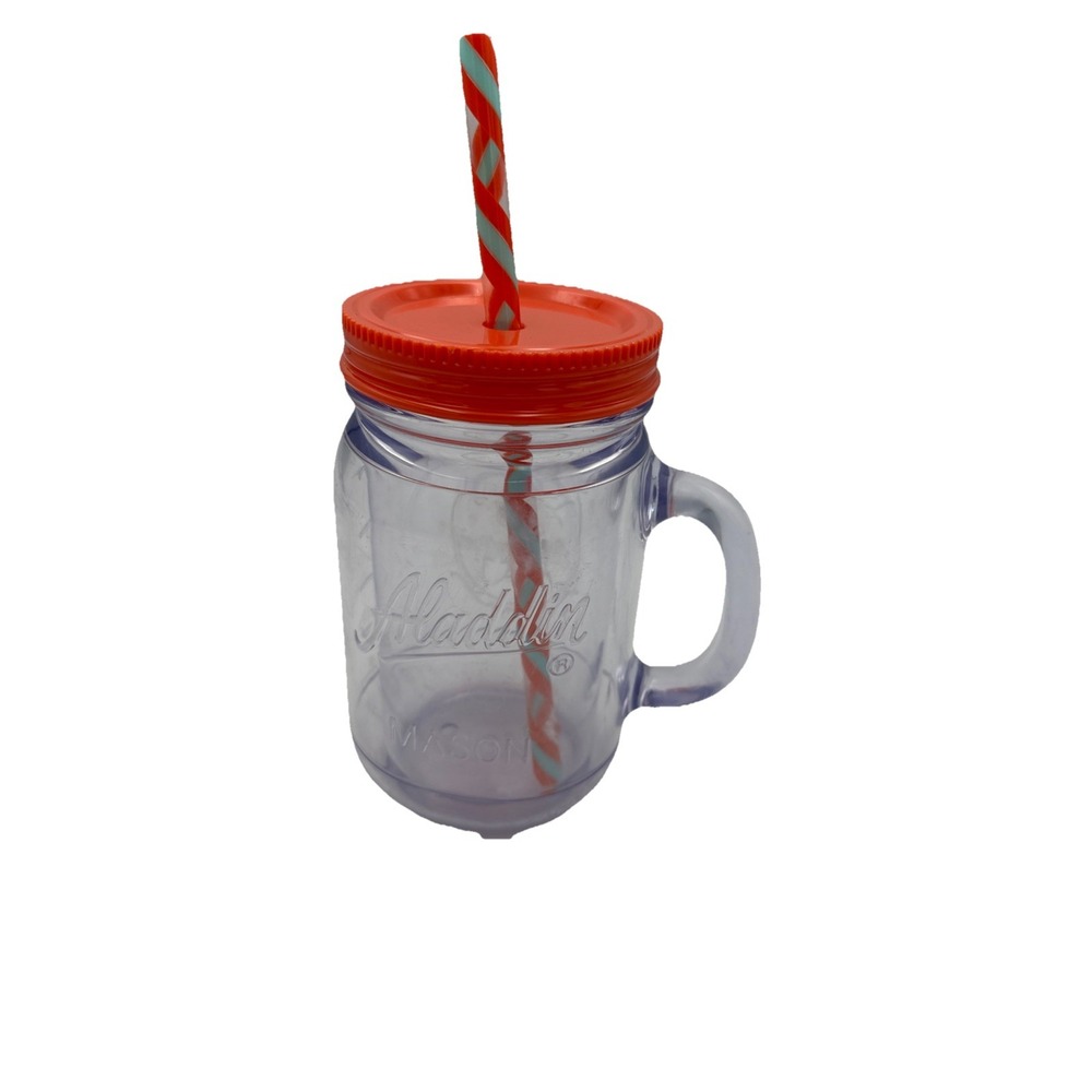 Aladdin Insulated 20oz Plastic Mason Jar Tumbler Orange Lid Striped Straw Clear